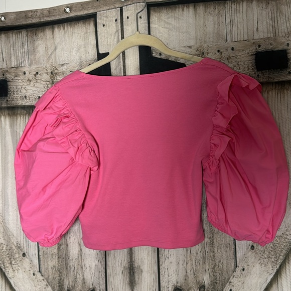 Zara Bubblegum Pink Square Neck Women’s Large Crop Top with Puff Sleeves - Picture 4 of 5